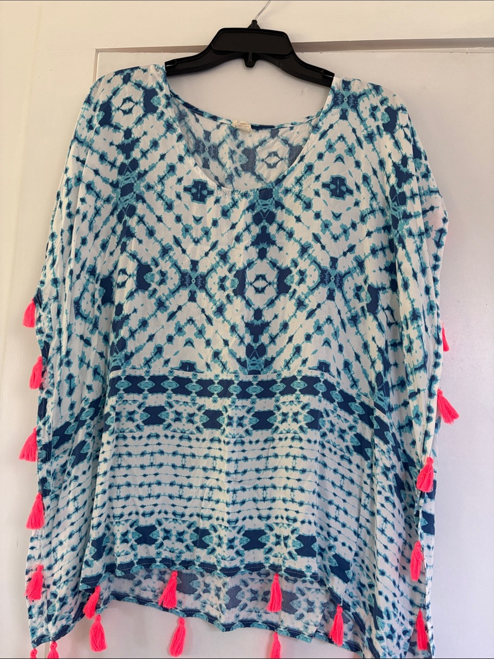 Surf Gypsy Blue and Pink Tie-Dye Swim Coverup with Pink Tassels